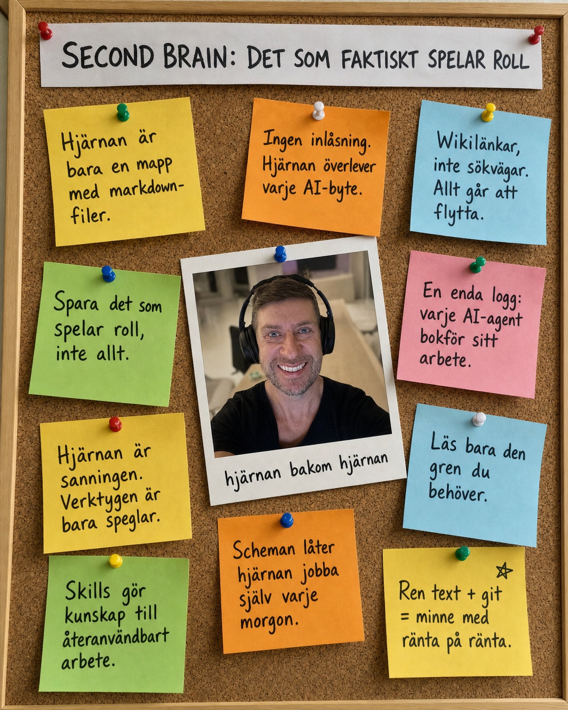 Tio post-it-lappar på en anslagstavla — lärdomarna från ett år med en second brain
